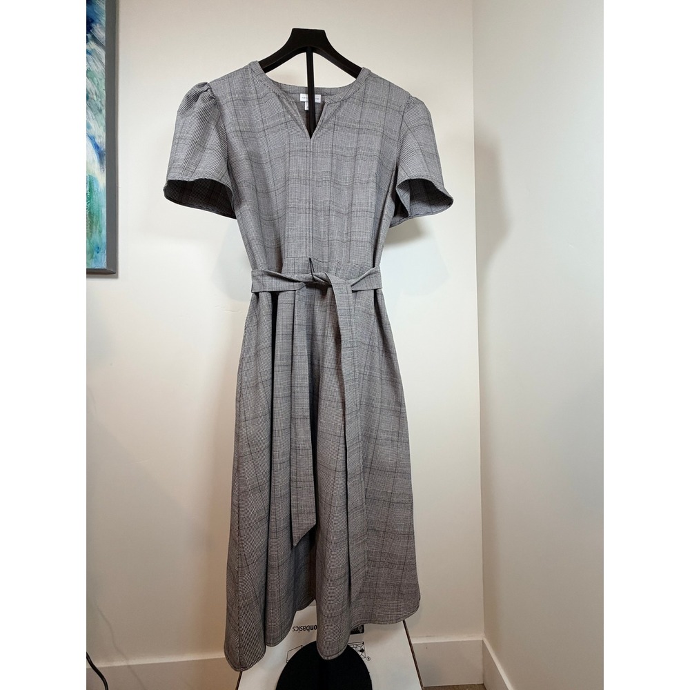 Liz Claiborne Grey Glen Plaid Midi Dress Short Flutter Sleeve Tie Waist Size 10